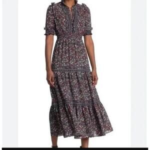 MAX STUDIO Floral Puff Sleeve Dress $148 MEDIUM Midi Flounce Bottom NEW $148